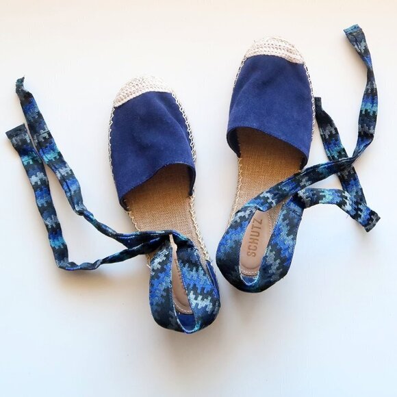 SCHUTZ Blue Suede & Canvas Espadrille Flats with Ties Size 8.5 - Picture 7 of 16